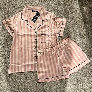 Pink and White Striped Silk Pajama Set
